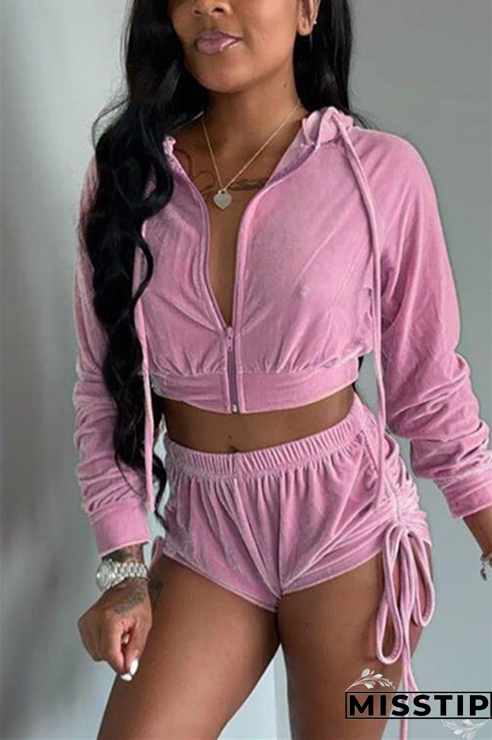 Blue Street Patchwork Solid Draped asymmetrical crop top Straight Long Sleeve Two Pieces