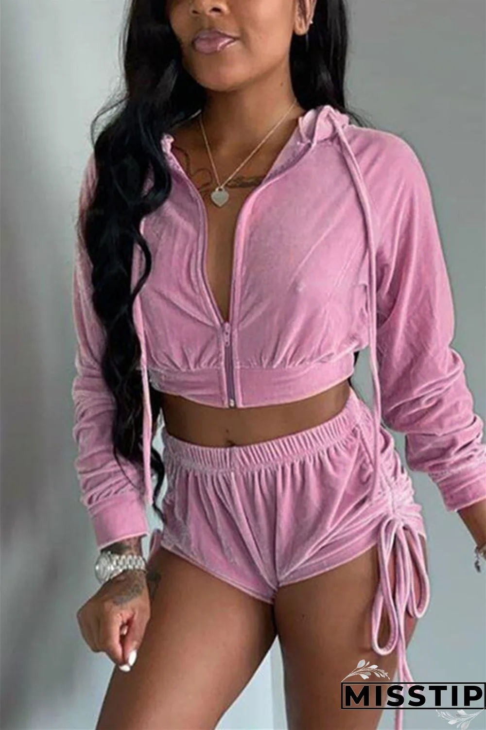 Blue Street Patchwork Solid Draped asymmetrical crop top Straight Long Sleeve Two Pieces