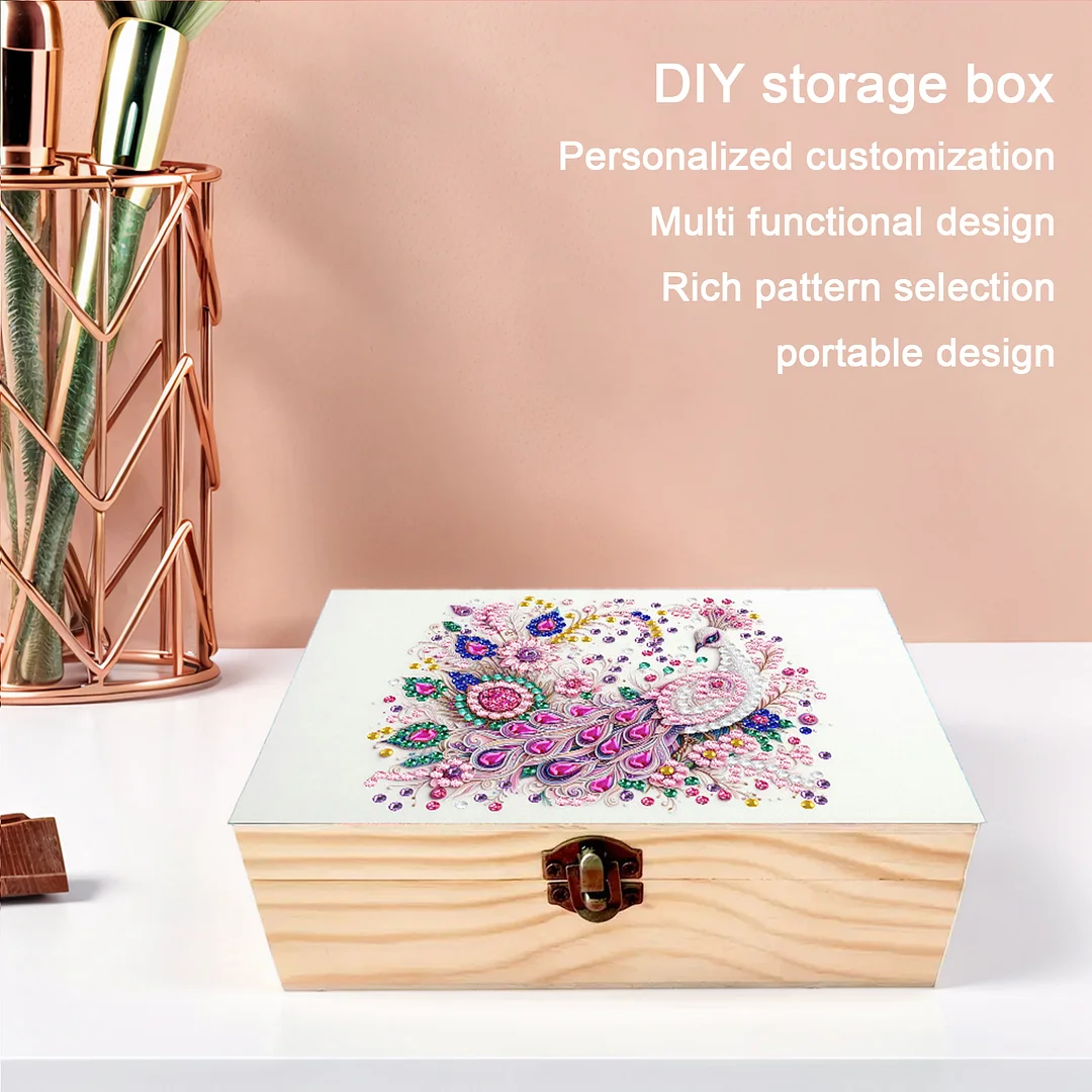 Peacock DIY Wooden 5D Diamond Art Diamond Art Storage Box for Adults Desktop