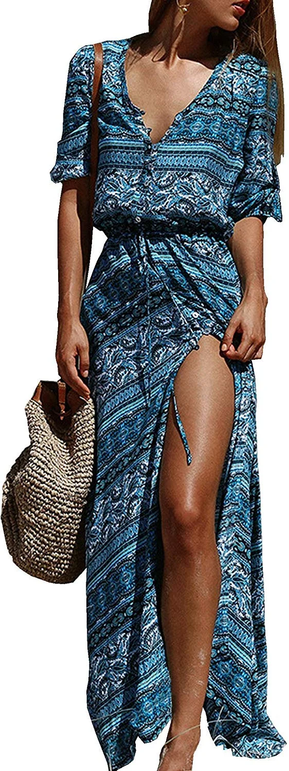 Women's Summer Button Up Floral Print Split Beach Maxi Dresses