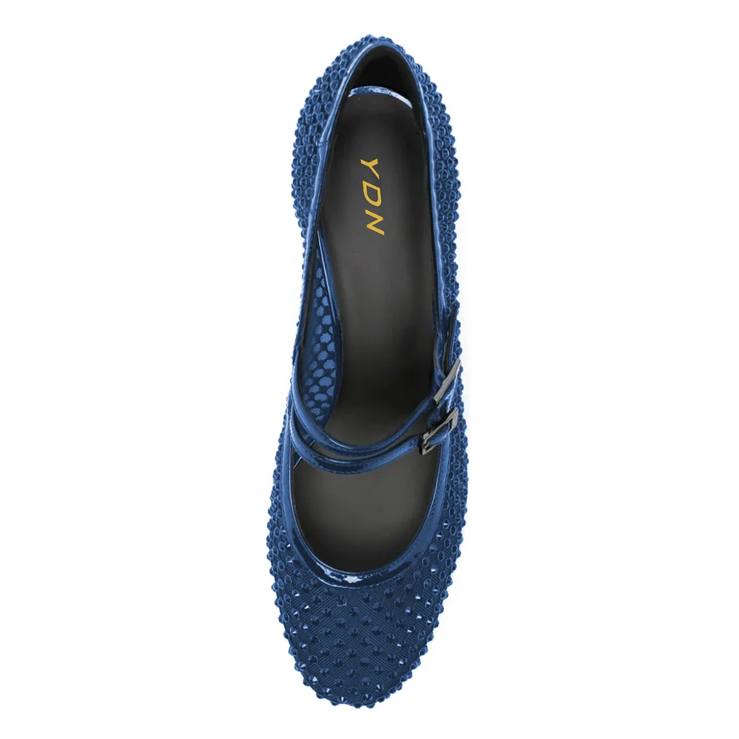 Mesh Buckle Fastening Metallic Finish Strap Mary Janes in Blue