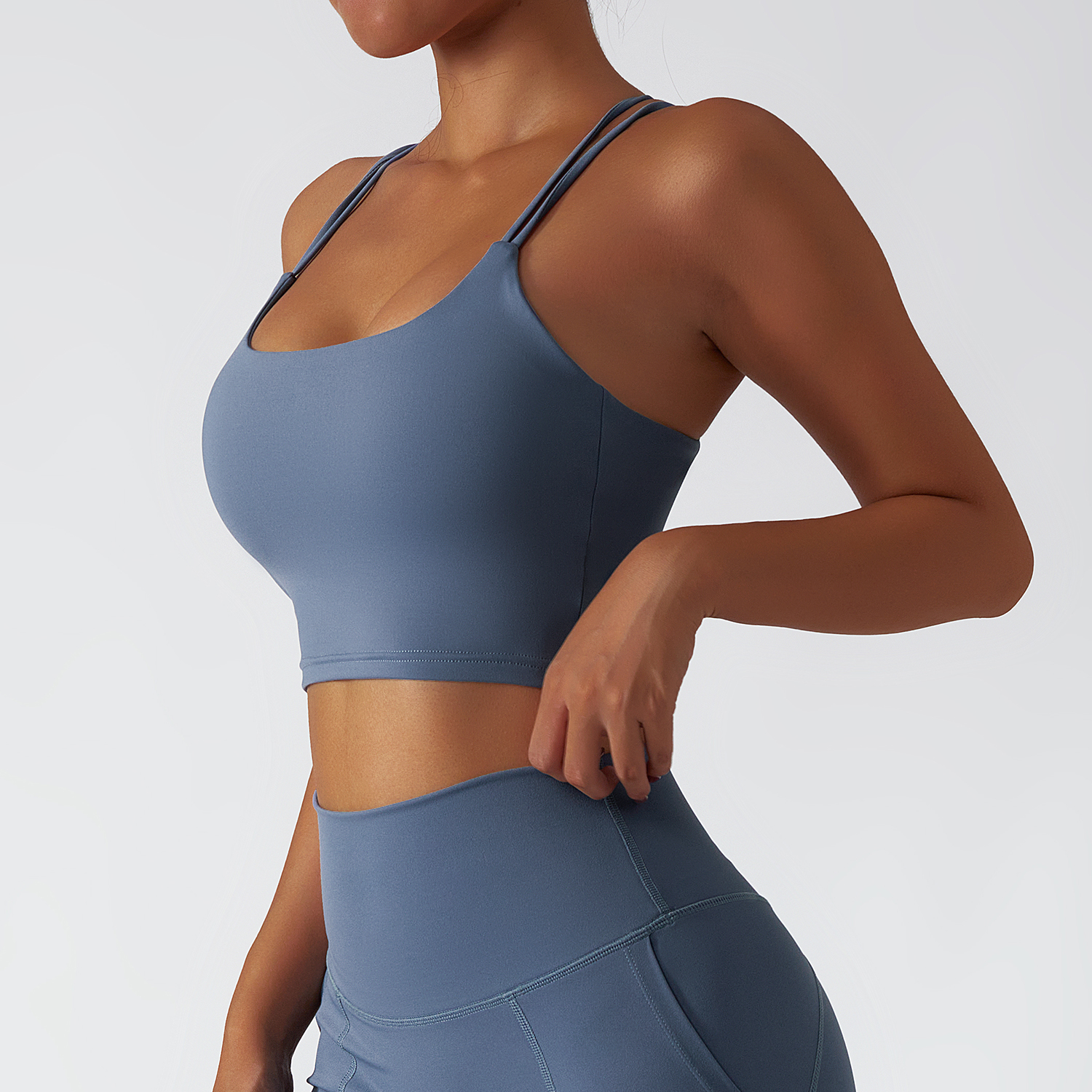 Different types of sustainable recycled material criss cross thin straps breathable sports bra online shopping on Hergymclothing