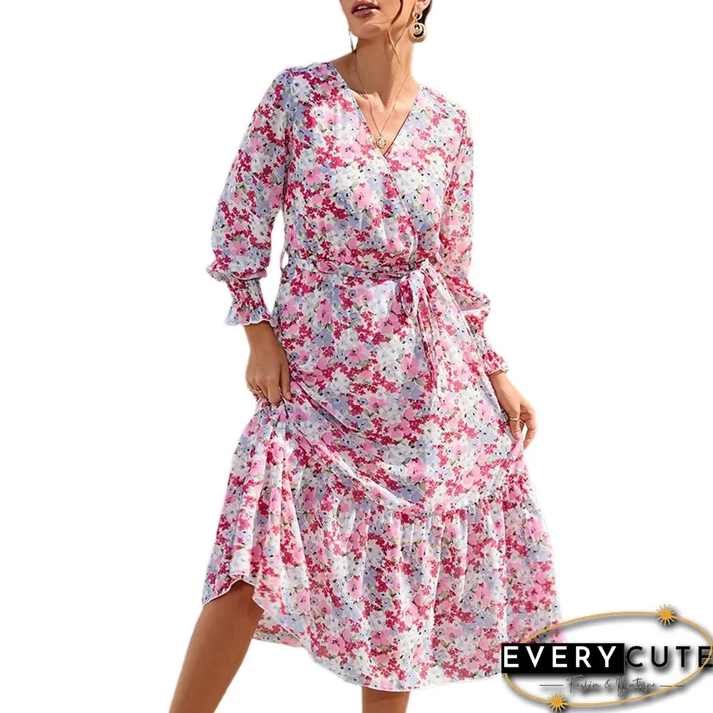 Multicolor V Neck Tie Waist Long Sleeve Floral Dress