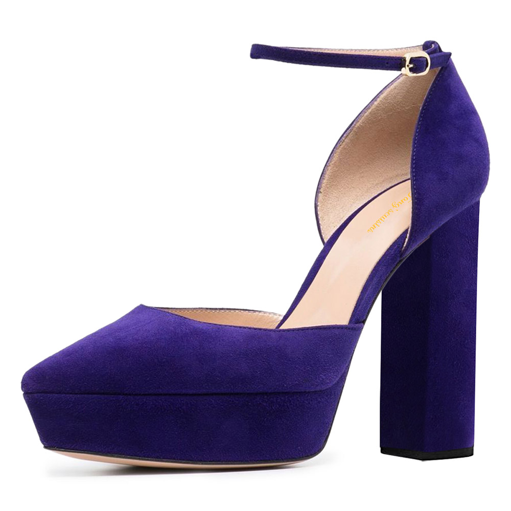 Women's Blue Buckle Platform Chunky High Heel Shoes Closed Toe Nicepairs
