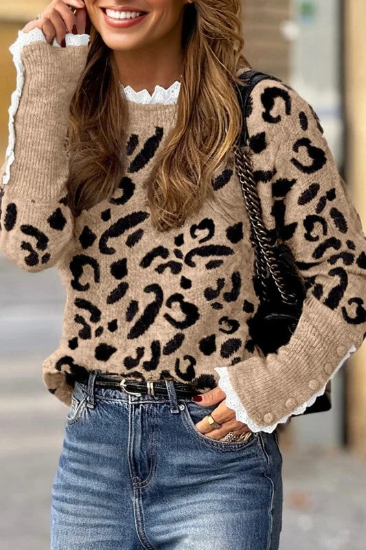 Leopard Lace Ribbed Trim Buttoned Cuff Sweater
