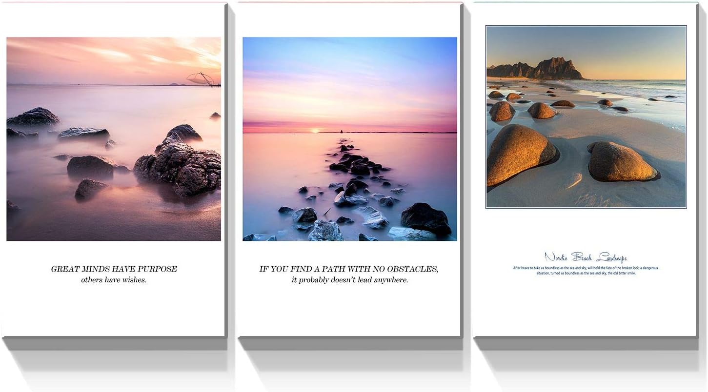 Looife 3 Panel Canvas Picture Wall Art for Living Room - 3 Piece 30x40 Inch Cobblestone on Beach with Words Poster Artwork Prints Wall Decor, Ready to Hang 30&#034;Wx40&#034;Hx3pcs