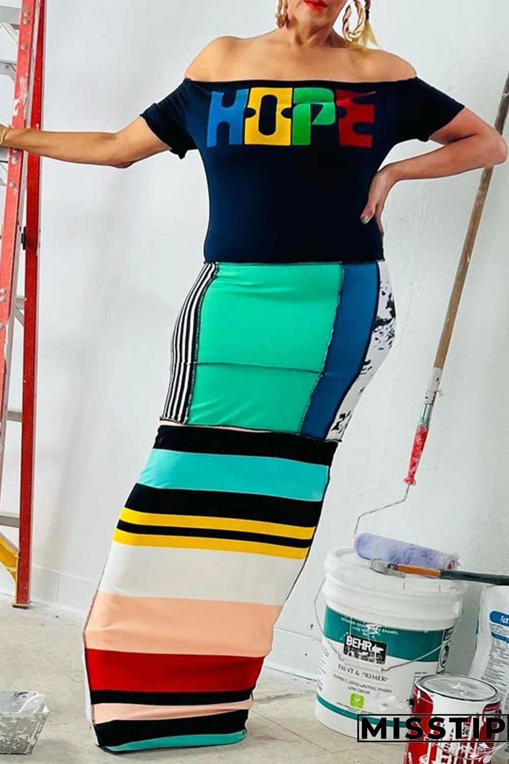 Multicolor Casual Street Daily Mixed Printing Letter Printing Off the Shoulder Printed Dress Dresses
