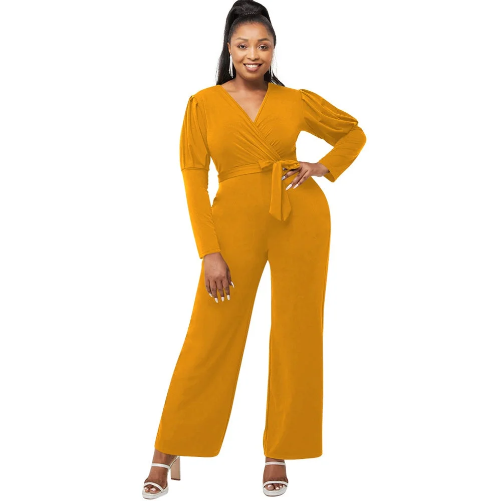 Autumn and Winter Solid Color V-neck Bubble Sleeve Personalized Casual Wide Leg Jumpsuit | EGEMISS