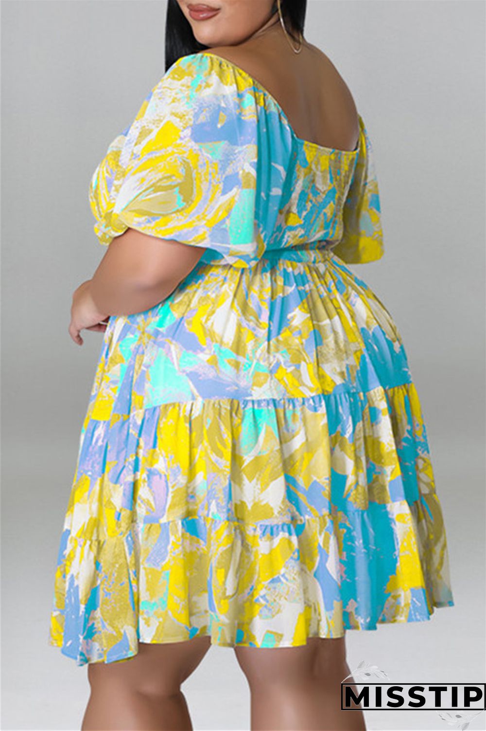 Blue Fashion Casual Plus Size Print Patchwork O Neck Short Sleeve Dress