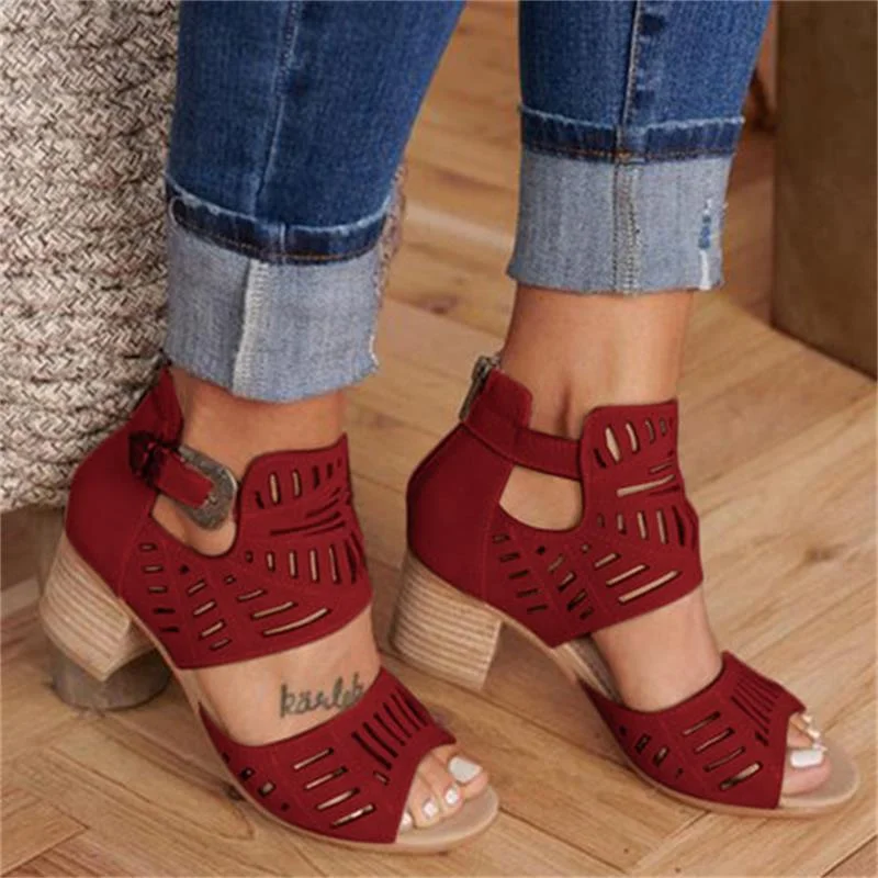 Vintage Hollow Out Sandals Mid Heel Summer Ladies Shoes Artificial Open Toe Casual Wedding Pumps Women Sandalias Casual Shoes