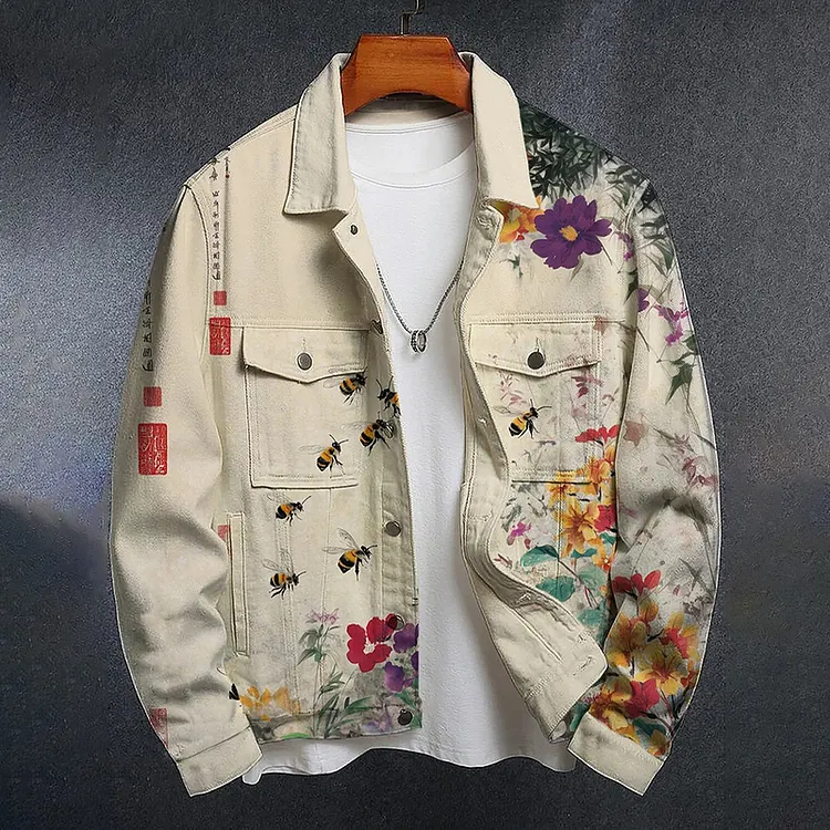 Men's Men's Colorful Garden Bee Chinese Ink Painting Print Long Sleeve Denim Jacket