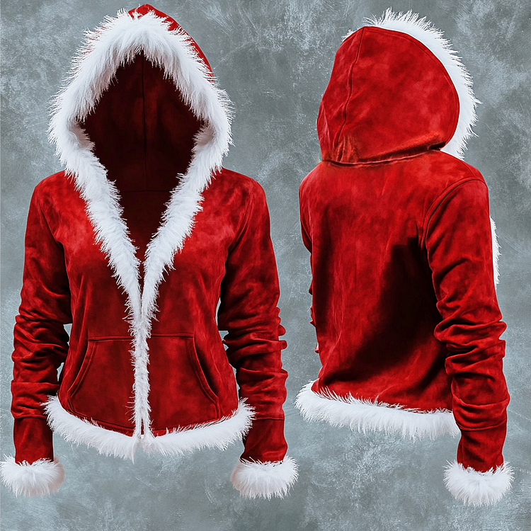 VChics Furry Mrs. Santa Christmas Cropped Zip-Up Hoodie