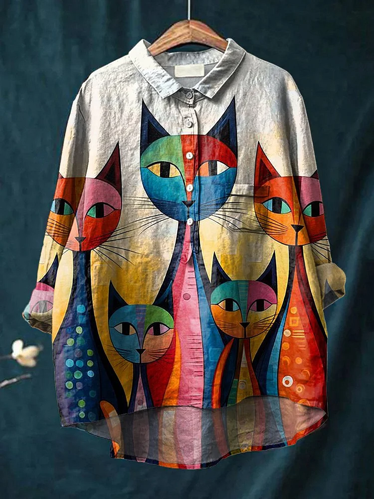 Lovely Cats Art Printed Women's Casual Cotton And Linen Shirt