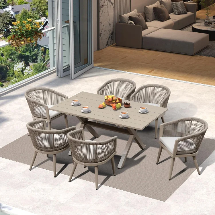Patio Dining Set for 6 All-Weather Wicker 7 Piece Aluminium Outdoor Table and Chairs Set Included Cushions