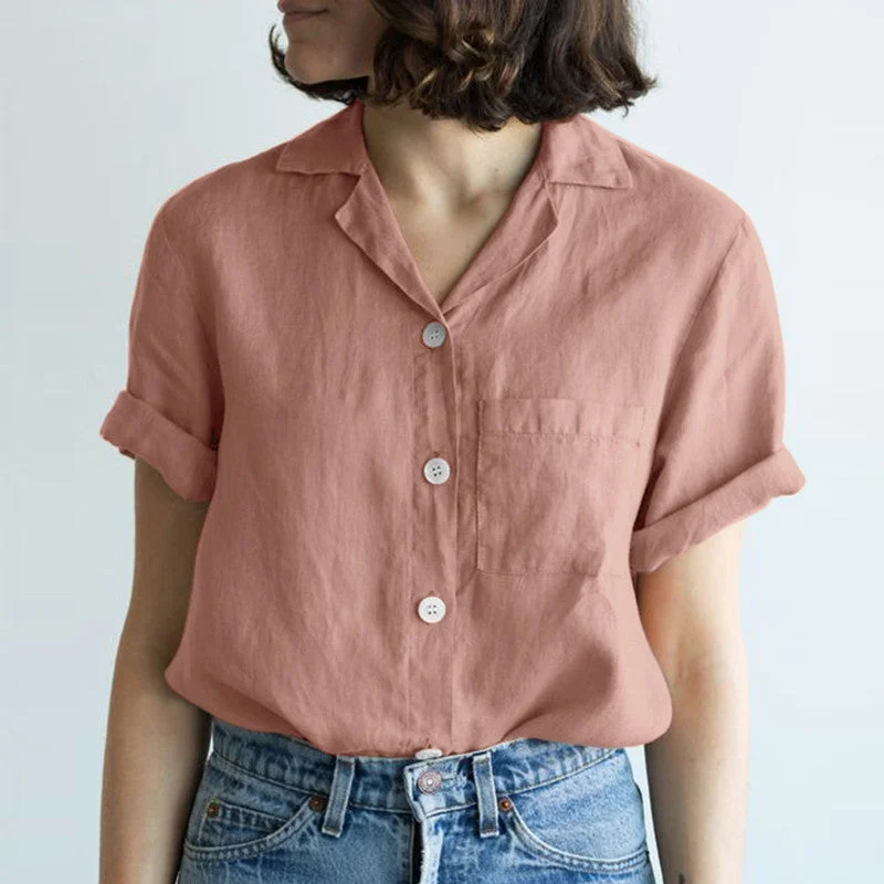 Uveng Shirt Solid Color Cotton Linen Pocket Blouses
