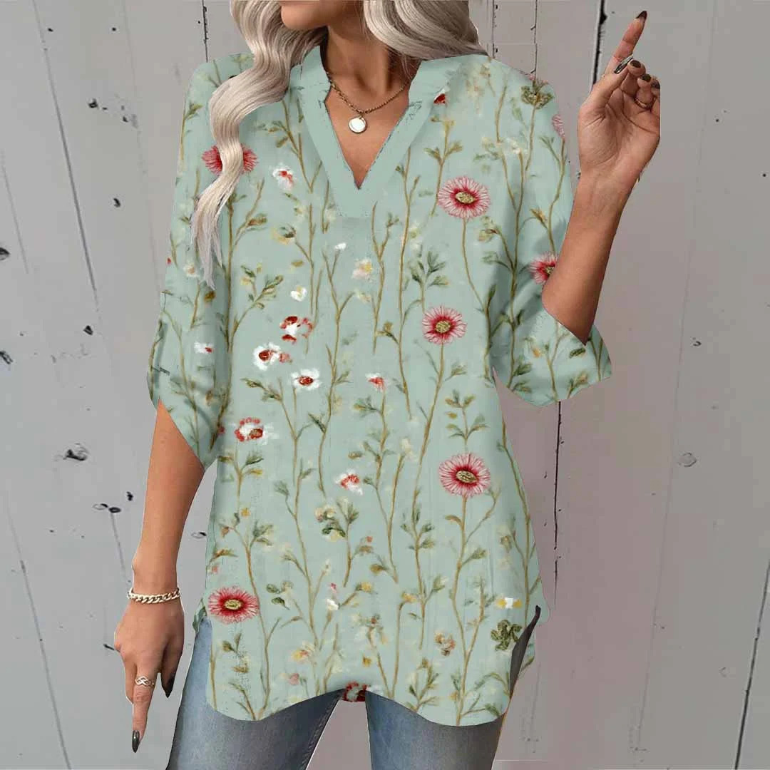 Women Floral, Green DZGA0038 3/4 Sleeve V-neck Printed Graphic Button Tops
