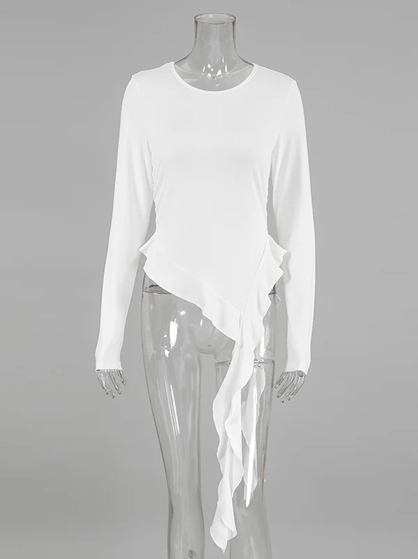 Solid Color Pleated Skinny Long Sleeves Round-Neck T-Shirts Tops