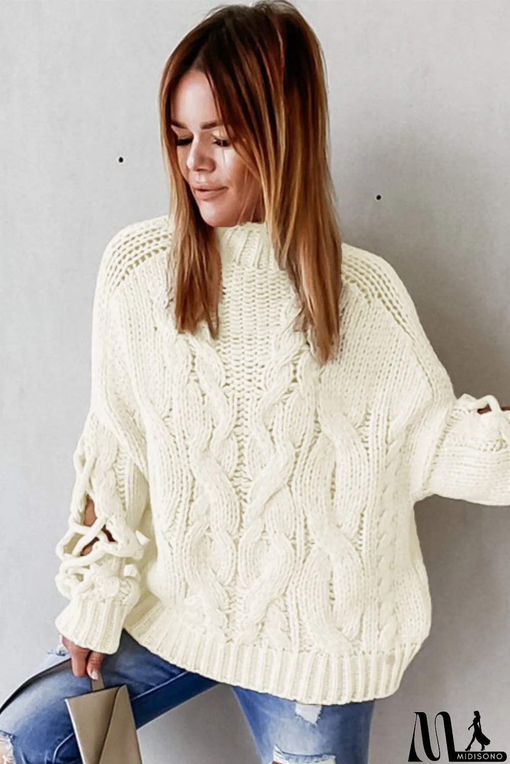 MidiSono - High Neck Cable Knit Hollow-out Sleeves Sweater