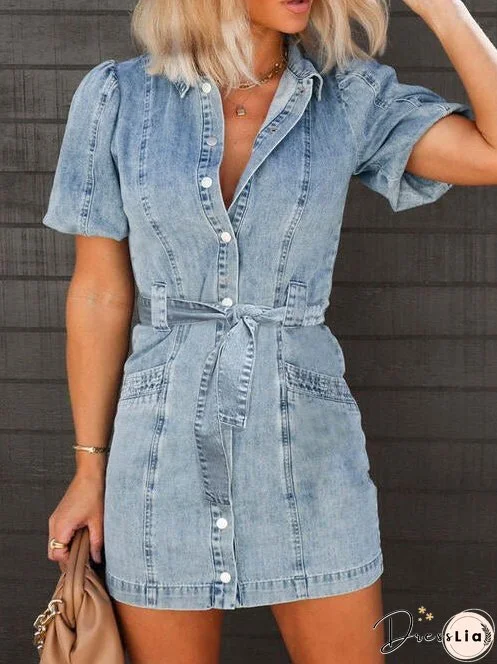 Puff Sleeve Button Up Mini Denim Dress