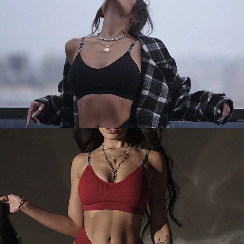 FINETOO Women Seamless Crop Tops Active Sport Short Tops Tank Tee Top Girls Lingerie Tube Camis Letter Sexy Fitness Bandeau Bra