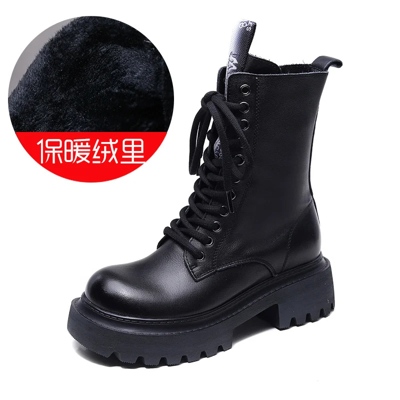 Yyvonne Leather Martin Boots High-Rise Kraft Mid-Sleeve Long Boots Autumn And Winter New Two Cotton Waterproof Table With Knight Boots