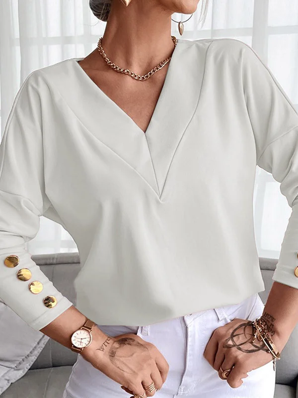 Long Sleeves Loose Buttoned V-Neck T-Shirts Tops