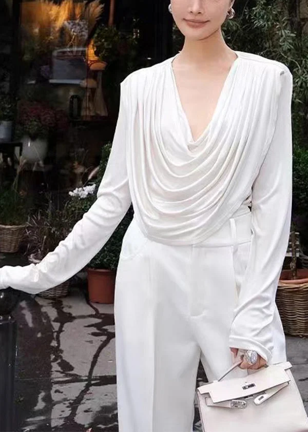 French Chic White V Neck Wrinkled Silk Shirt Top Spring