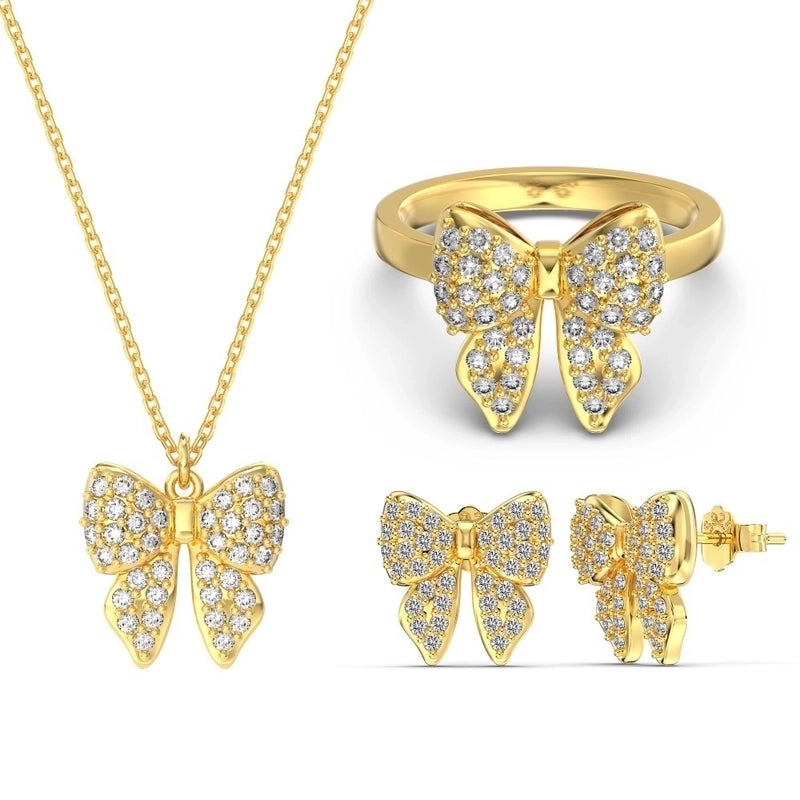 Japanese And Korean High-Grade 925 Sterling Silver Ring Necklace Ear Stud Women's Exquisite Bow Zircon Inlaid Women's Jewelry Combination