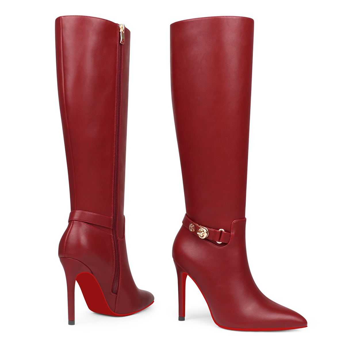 100mm Women's Fashion Zipper Leather High Heels Knee Boots Red Bottom Shoes-MERUMOTE
