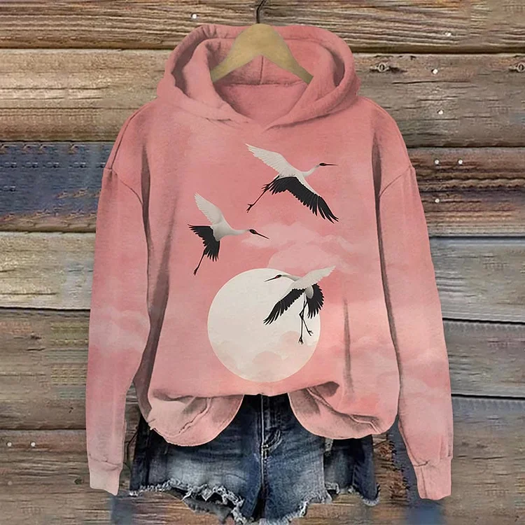 Cranes At Sunrise Japanese Art Print Casual Long Sleeve Hoodie