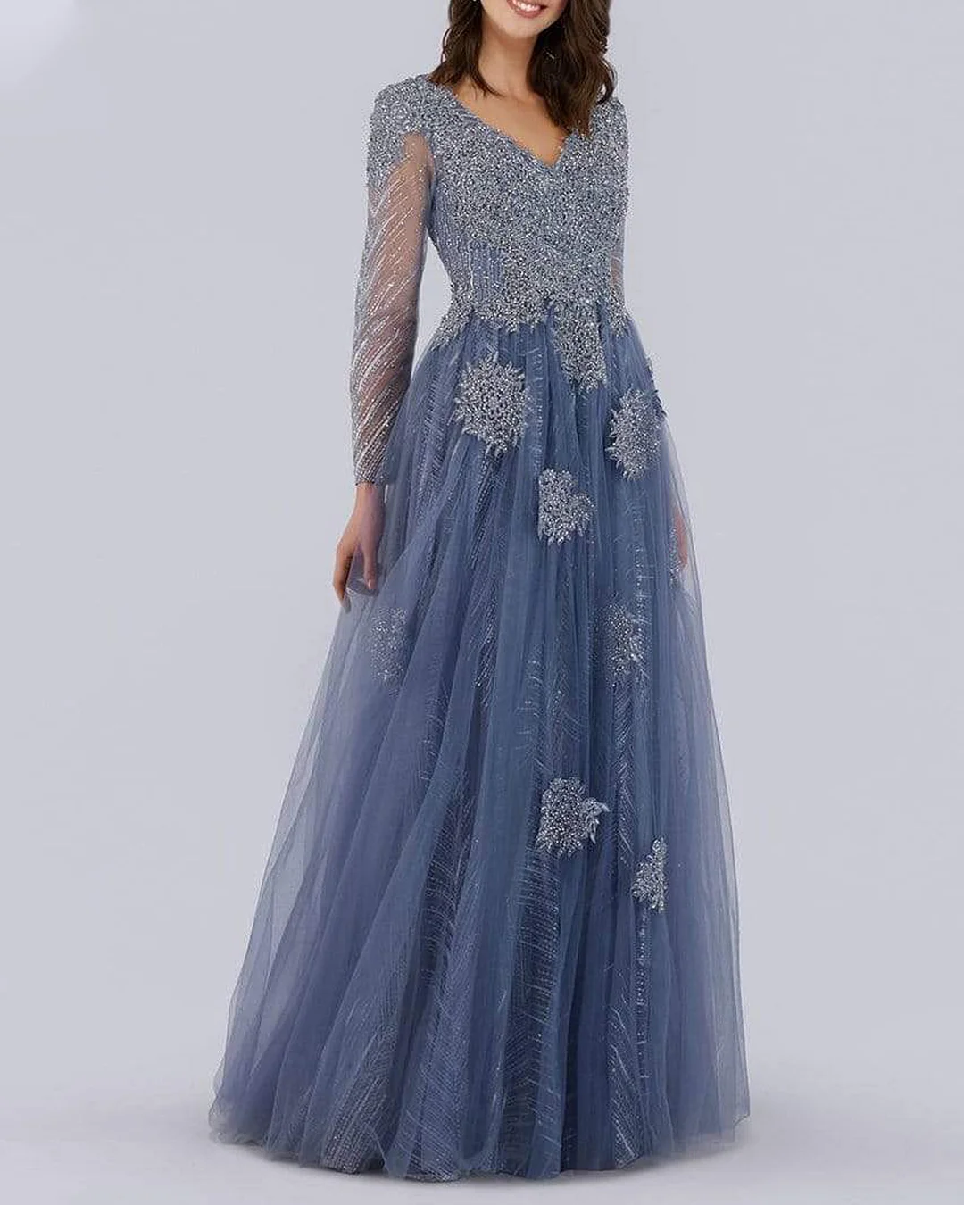 Women's Blue V Neck Embroidered Dress - 01