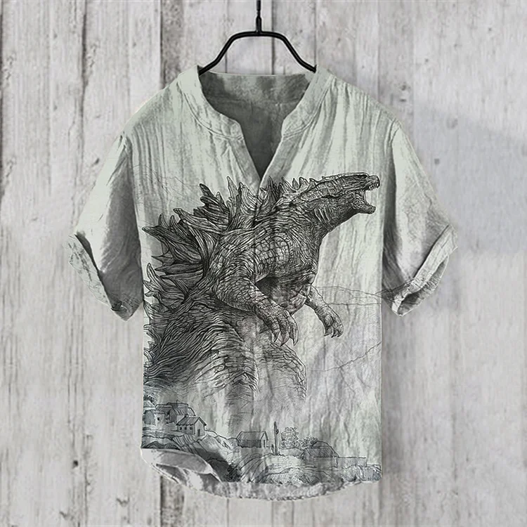 Vintage Godzilla Art Pattern Linen Blend Shirt