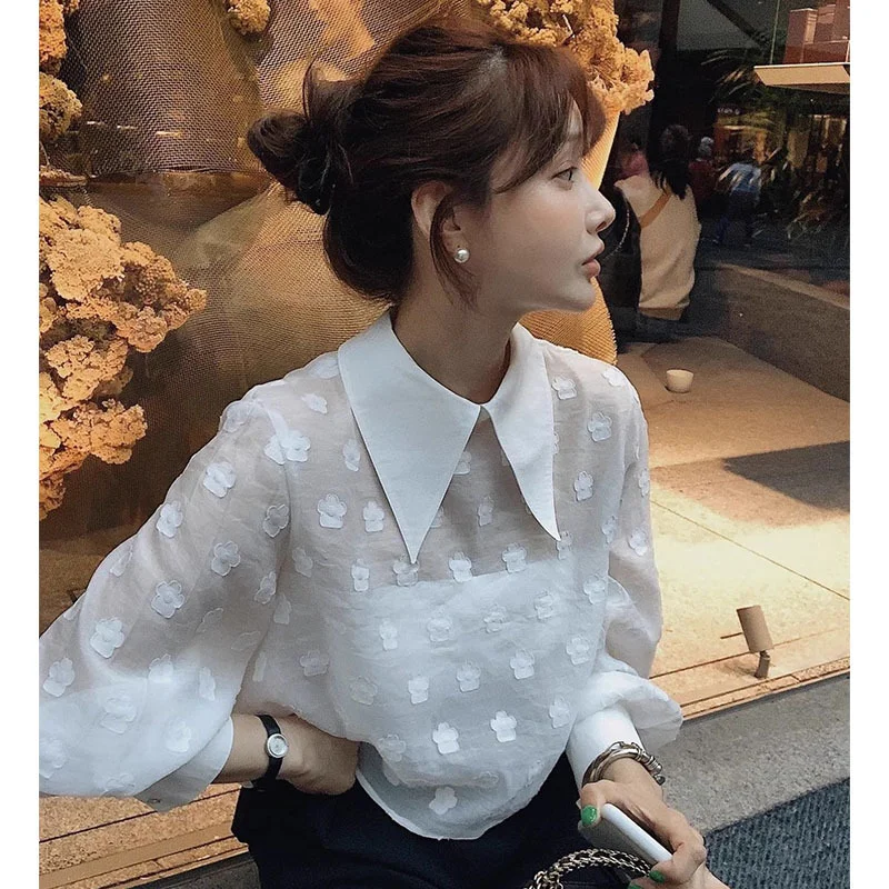 Woherb Woherb Gentle Pointed Collar Jacquard Shirt Female Summer Niche Design Sense Loose Casual Versatile Long-Sleeved Top-Outfit Ideas