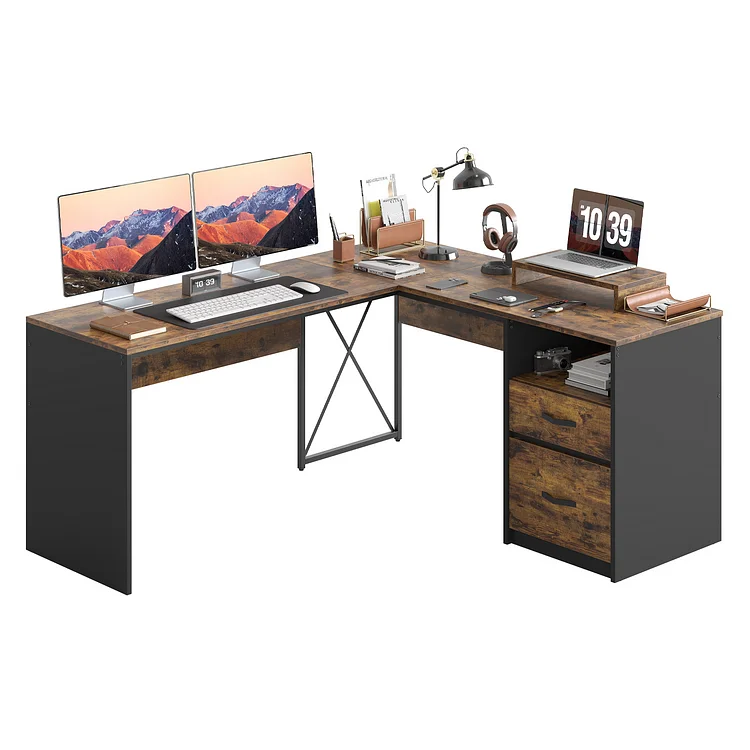 Bestier 55.7" Reversible L Shaped Desk with Drawers & File Cabinet