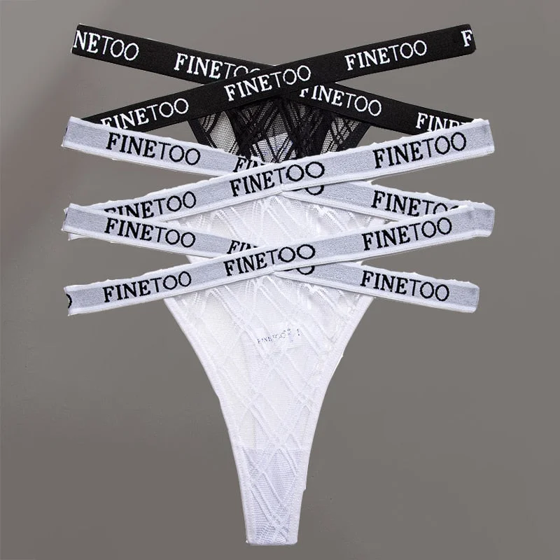 FINETOO 3PCS/Set Women's Letter Lace Mesh G-string Sexy Cross Strap Panties Midi Waist Underwear Thongs Femme Hollow Out Panties