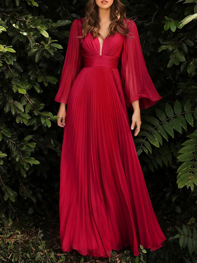 Red Elegant Plain Deep V Neck Pleated Maxi Tunic Dress