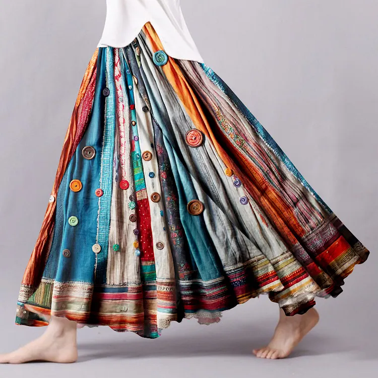Vintage Bohemian Colorful Textile Linen Skirt