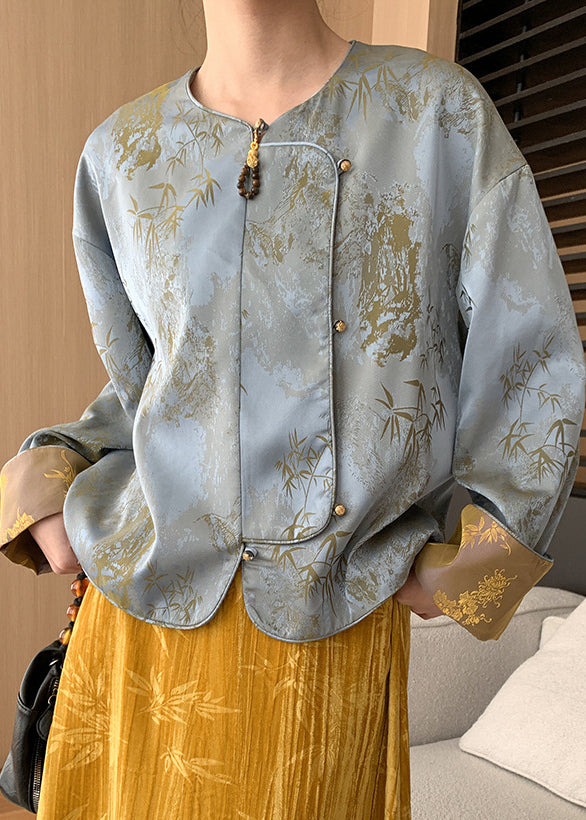 VCSHOES Loose Blue Button Print Silk Coats Long Sleeve