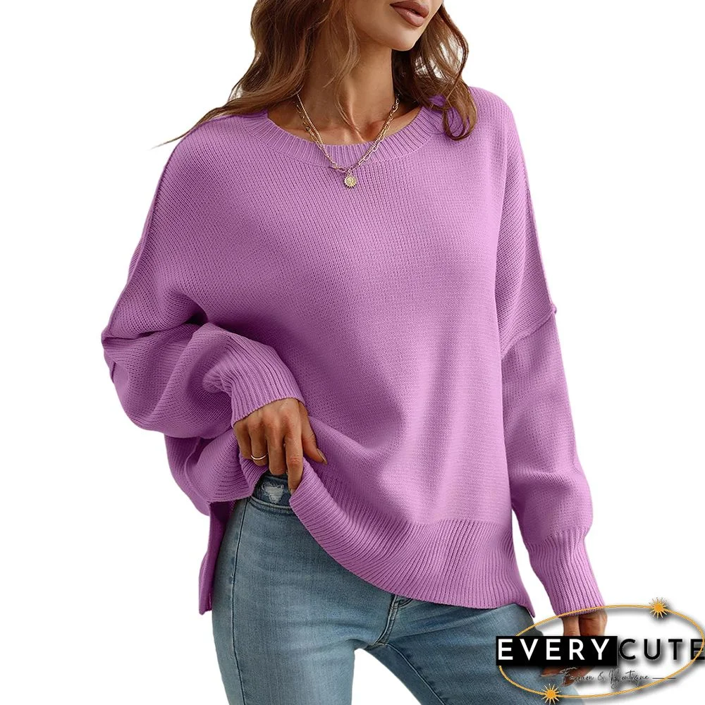 Purple Round Neck Knitted Pullover Sweater with Slit