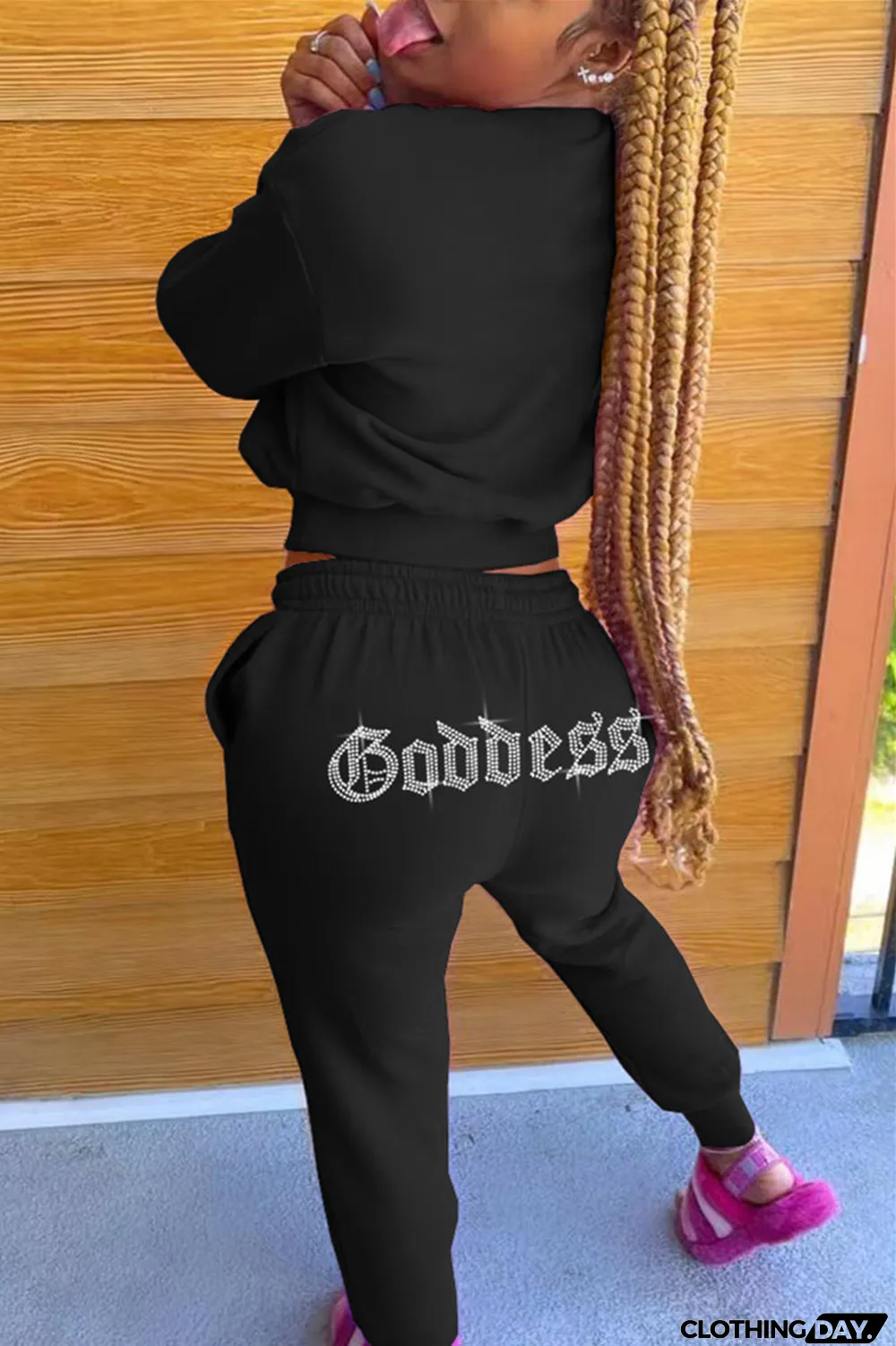 Black Fashion Casual Solid Hot Drill O Neck Long Sleeve Two Pieces