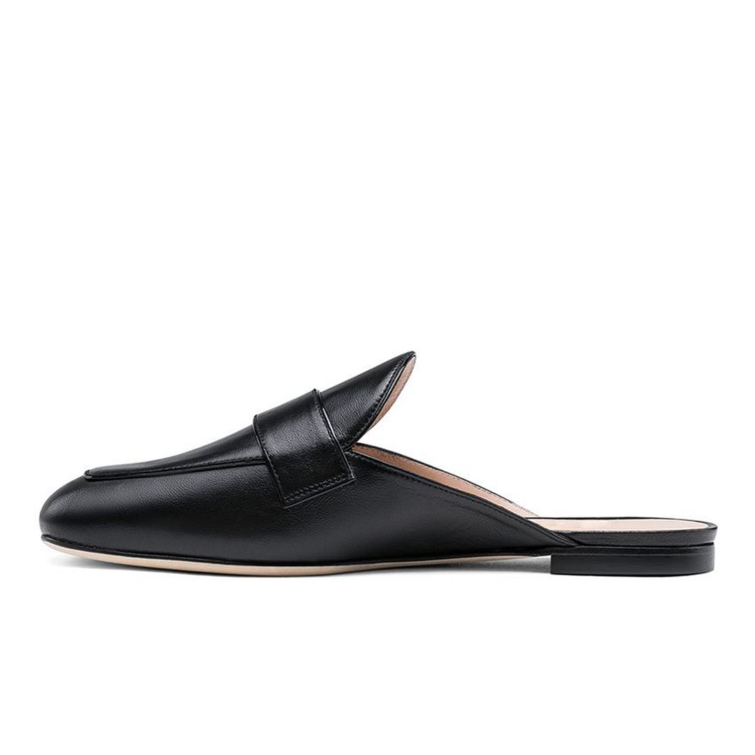 Black Vegan Leather Round Toe Slip On Slingback Women's Flat Mules