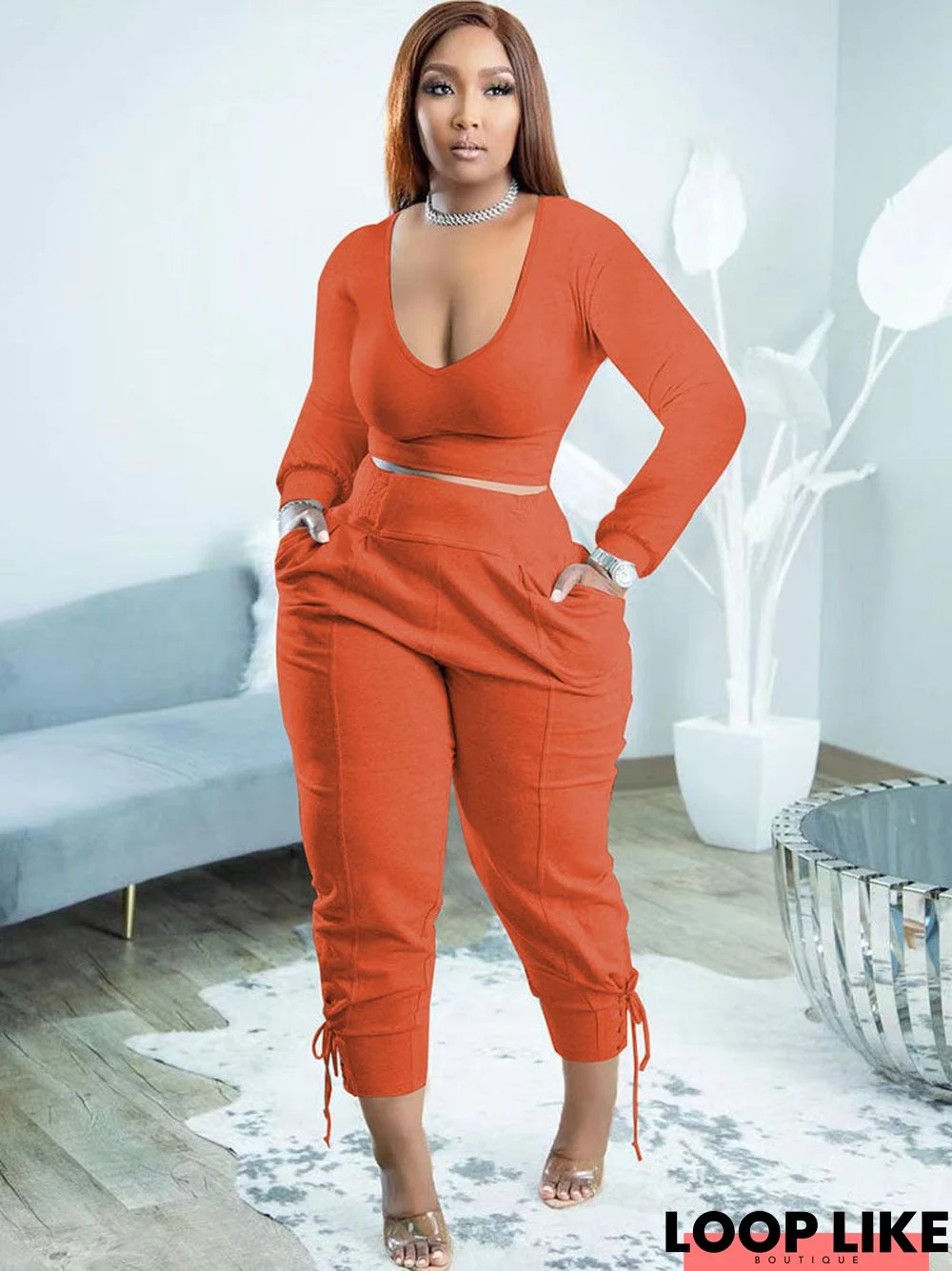 Plus Size Two Piece Long Sleeves Top Long Pants Outfits
