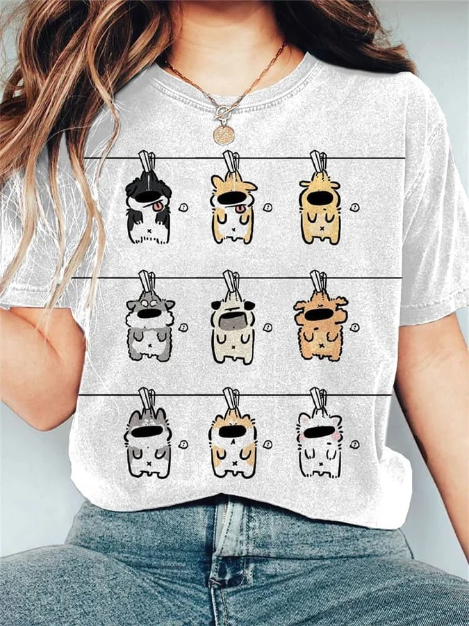 Women's Hanging Dog Print Casual Crew Neck T-Shirt