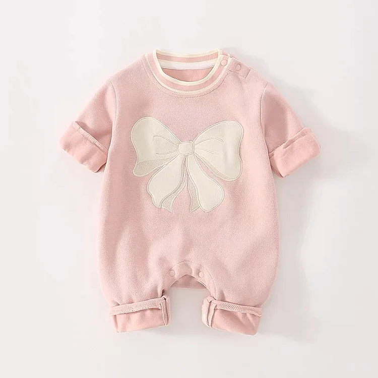 Organic Cotton Embroidery Bow Solid Color Baby Girl Romper