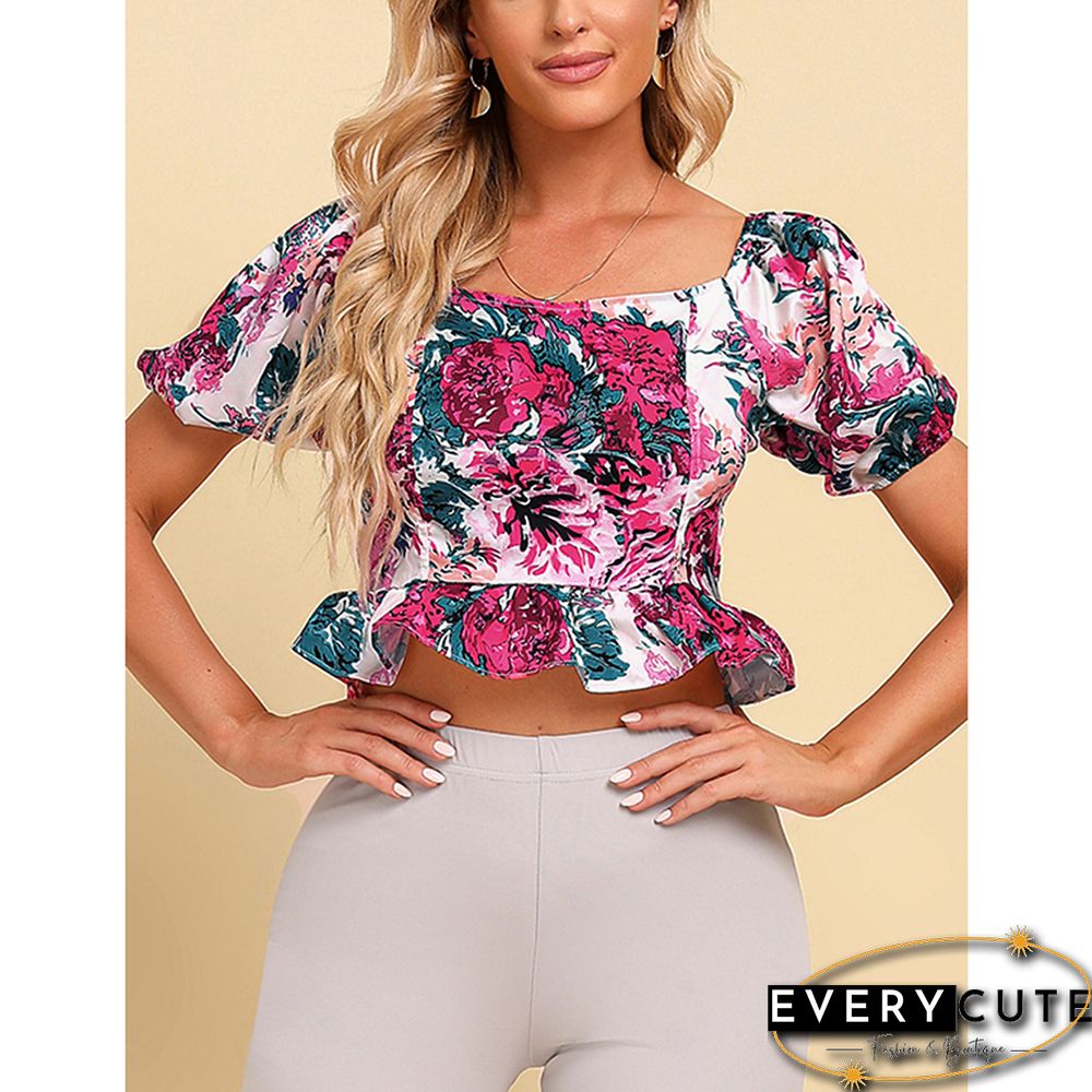 Floral Print Back Bowknot Square Neck Crop Tops