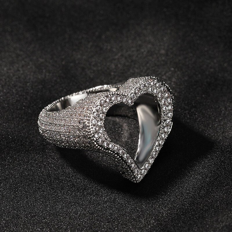 Hip Hop Bling Ice Out Hollow Heart Finger Rings Jewelry-VESSFUL