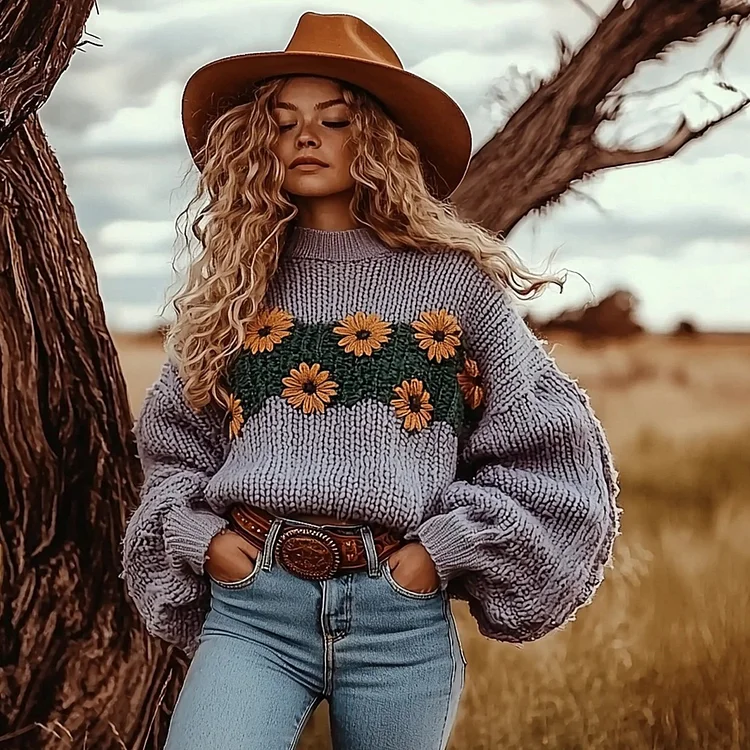 Women's Floral Contrast Color Casual Oversized Knit Sweater