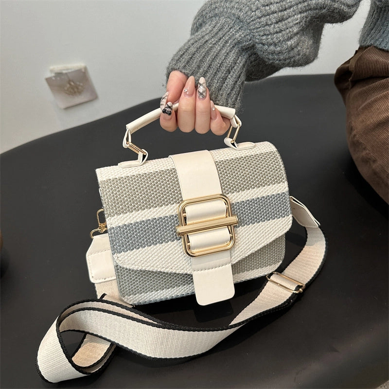 Women’s Pu Leather Stripe Classic Style Sewing Thread Square Magnetic Buckle Flip Cover Crossbody Bag