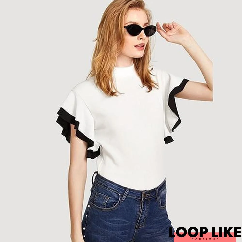 Women White Ruffle Sleeve Stand Collar Elegant Blouse Tops