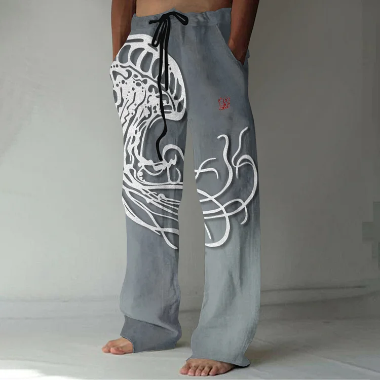Japanese Art Vintage Jellyfish Metal Graphic Painting Art Linen Blend Pants